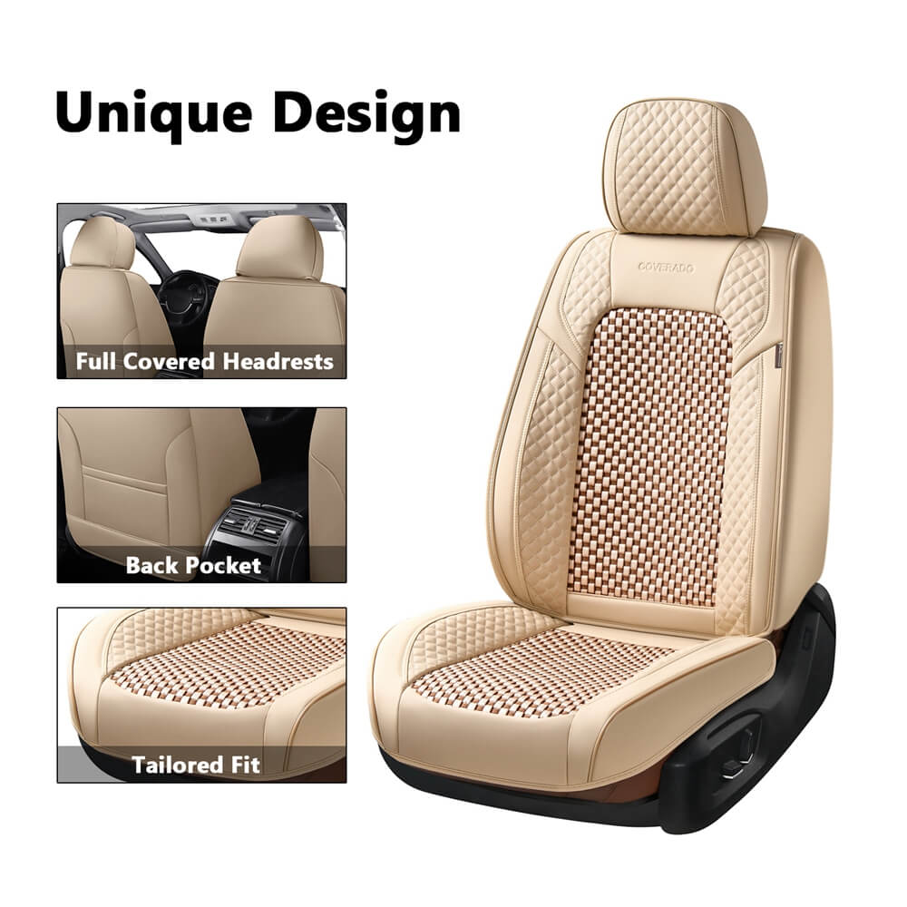 Coverado Full Set Seat Covers for Front and Back Seats Faux Leather&Woven Fabric Breathable Universal Fit