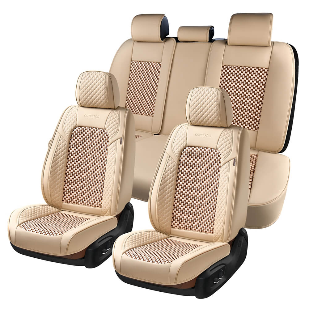 Coverado Full Set Seat Cover 5 Seats Faux Leather & Woven-Fabric Breathable Universal Fit