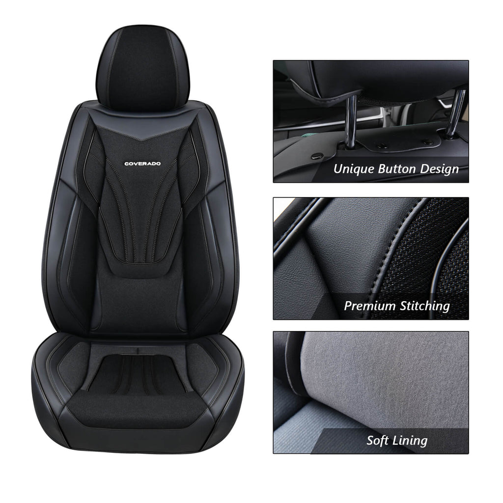 Coverado 5 Seats Leather & Magna Fabric Car Seat Covers Set Breathable Front and Back Full Set Universal Fit