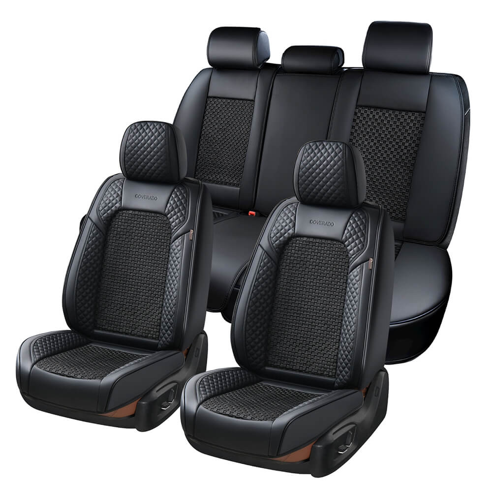Coverado Full Set Seat Cover 5 Seats Faux Leather & Woven-Fabric Breathable Universal Fit