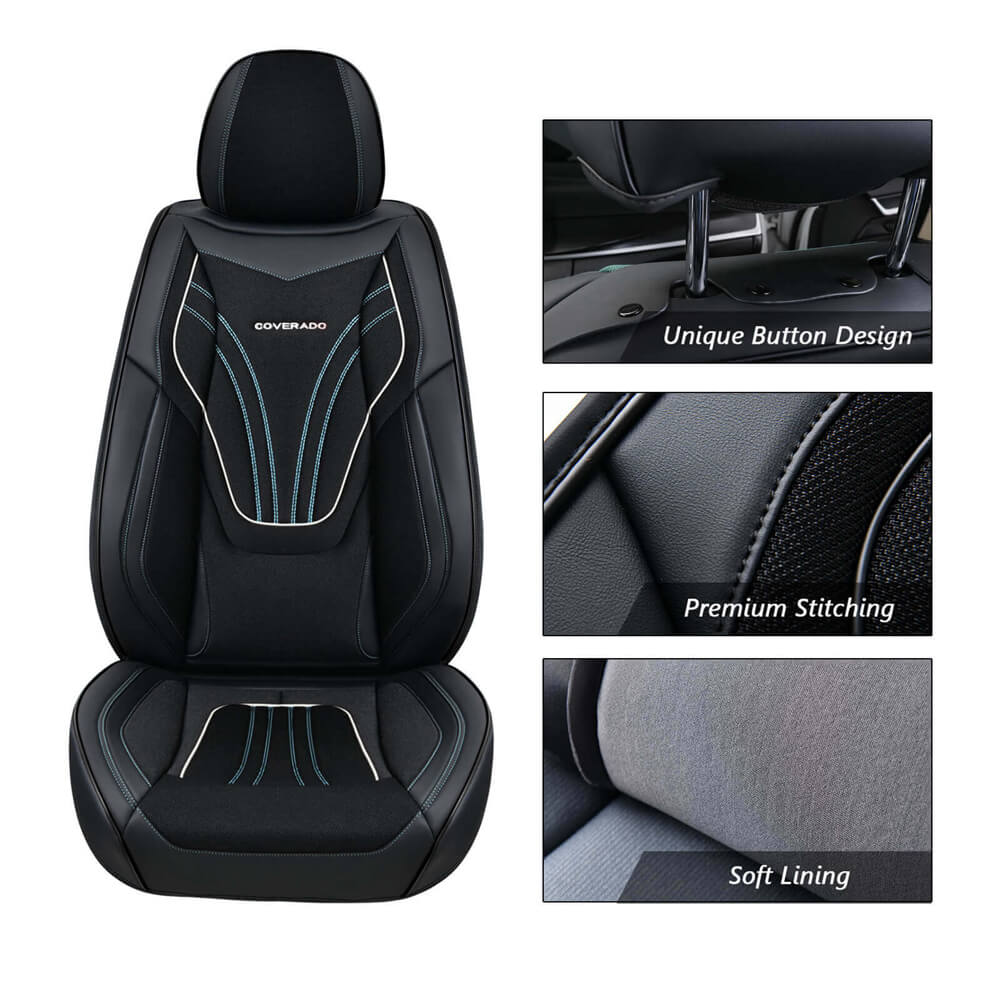 Coverado 5 Seats Leather & Magna Fabric Car Seat Covers Breathable Front and Back Full Set Universal Fit