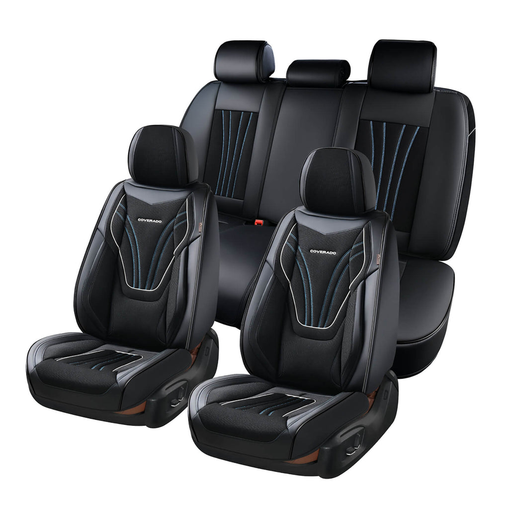 Coverado 5 Seats Leather & Magna Fabric Car Seat Covers Breathable Front and Back Full Set Universal Fit