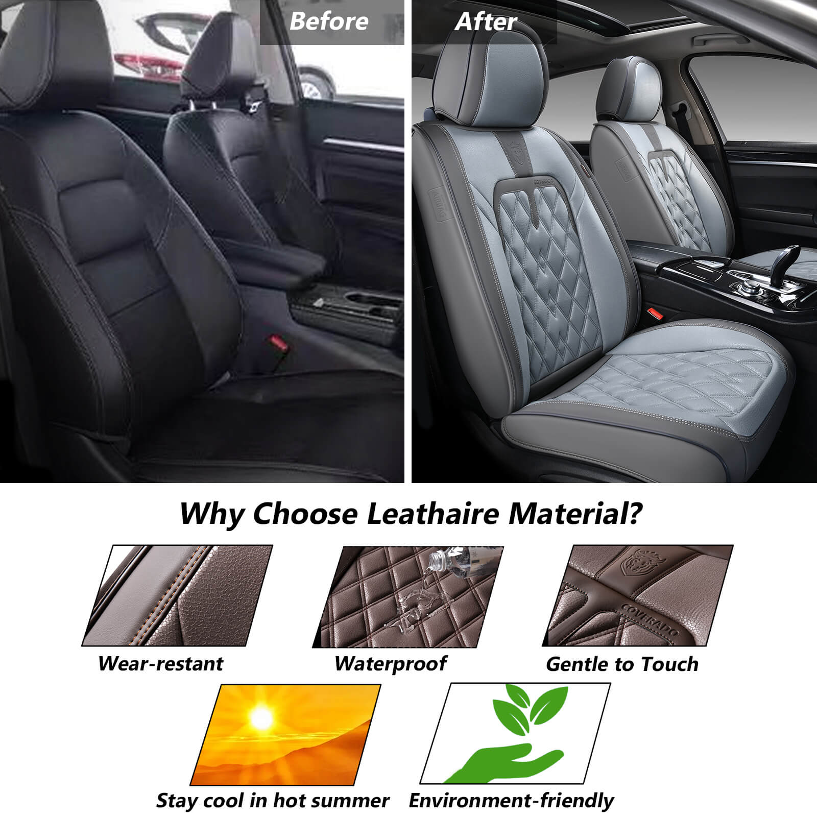 Coverado Waterproof Brown Front Car Seat Covers Set, 2pcs Fashion Faux Leather Seat Covers for Cars, Auto Interior Protectors Cushions Universal Fit SCUF21
