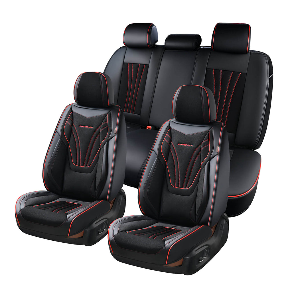 Coverado 5 Seats Leather & Magna Fabric Car Seat Covers Set Breathable Front and Back Full Set Universal Fit
