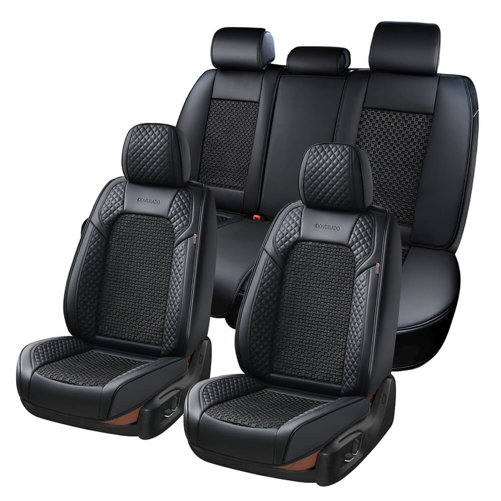 Coverado Full Set Seat Covers for Front and Back Seats Faux Leather&Woven Fabric Breathable Universal Fit