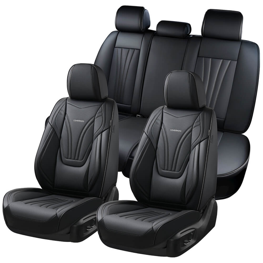 Coverado Leather 5 Seats Car Seat Covers with Lumbar Support Breathable Front and Back Full Set Universal Fit