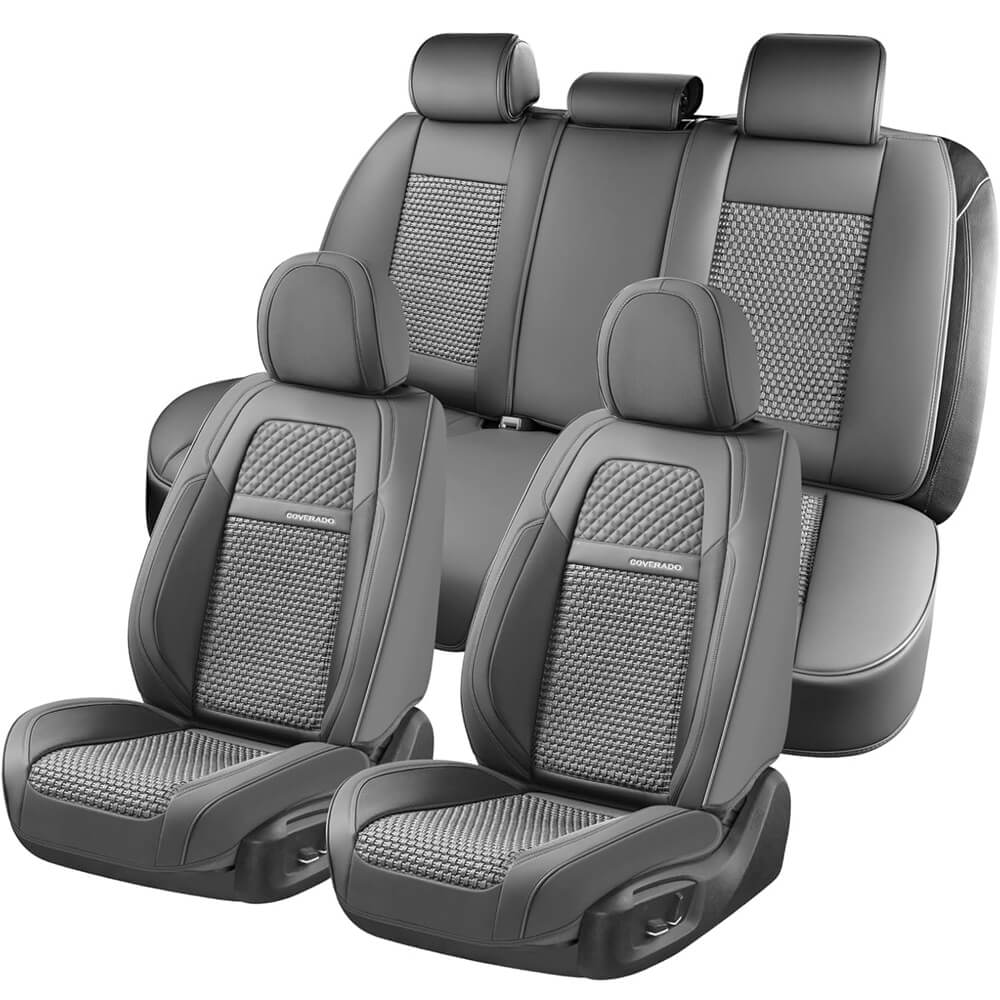 Coverado Front and Back Seat Covers Full Set 5 Seats Faux Leather & Woven Fabric Breathable Universal Fit