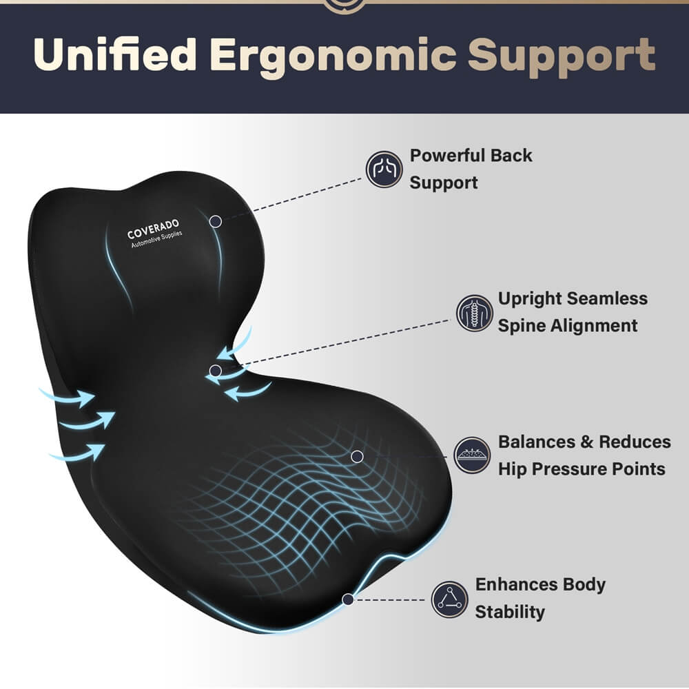 Coverado Car Lumbar Cushion Back Support Washable One Piece Memory Foam Ergonomic Driving Seat Cushion Non-Slip Office Chair Cushion