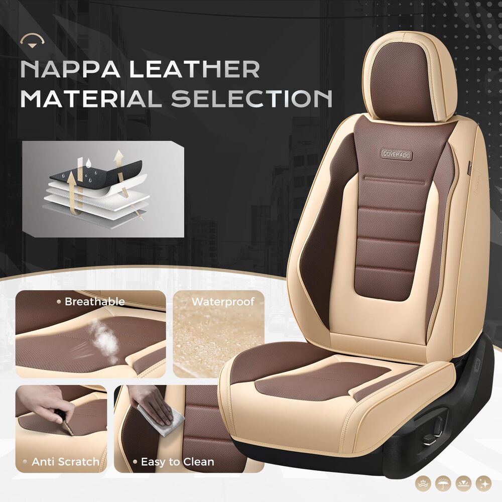 Coverado Front and Back Car Seat Covers Premium Leather Auto Seat Protectors Universal Fit Cars, SUV, Truck