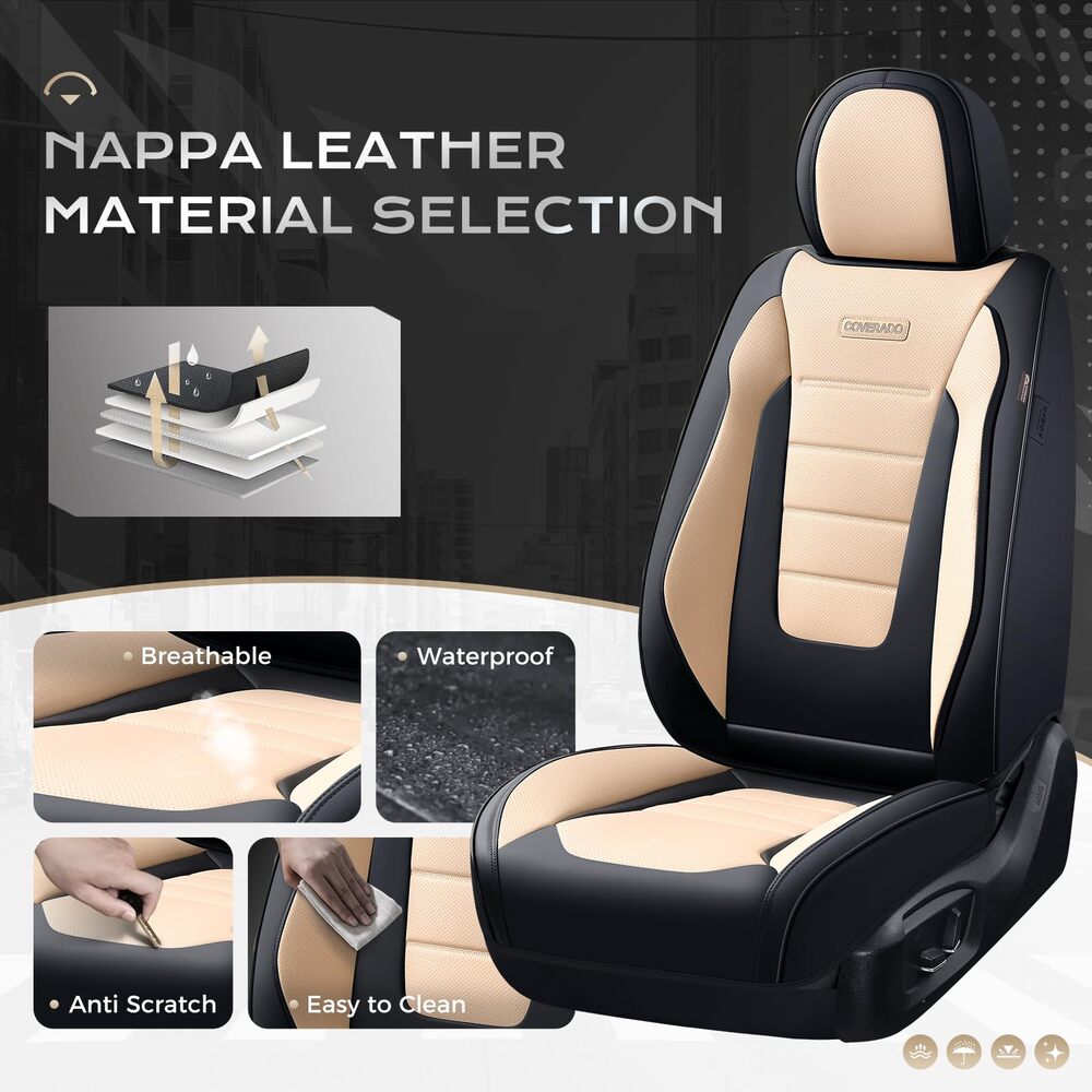 Coverado Front and Back Car Seat Covers Premium Leather Auto Seat Protectors Universal Fit Cars, SUV, Truck