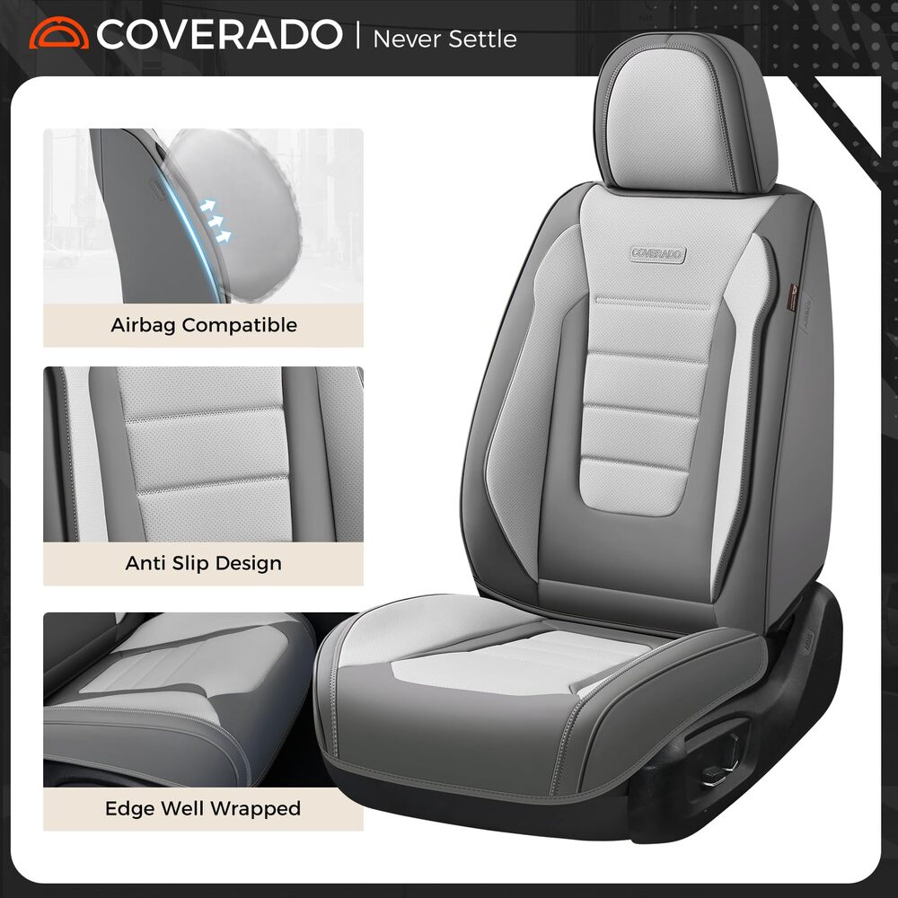 Coverado Front and Back Car Seat Covers Premium Leather Auto Seat Protectors Universal Fit Cars, SUV, Truck