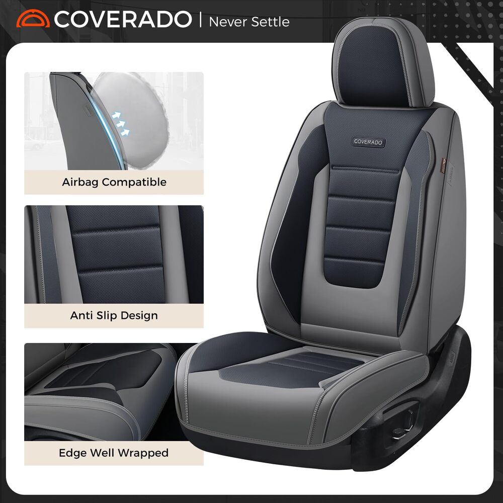 Coverado Front and Back Car Seat Covers Premium Leather Auto Seat Protectors Universal Fit Cars, SUV, Truck