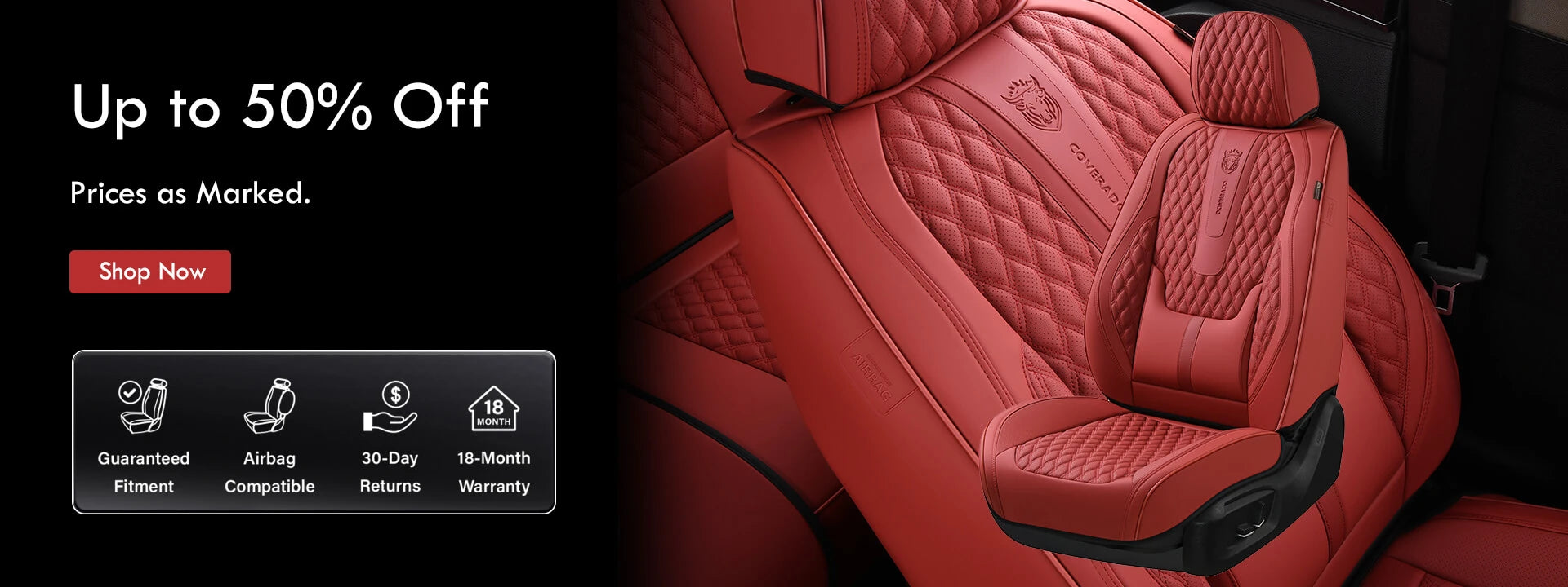 Red quilted car seat cover or seat cushion shown in a promotional banner with text reading 'Up to 50% Off' and feature icons on the left.