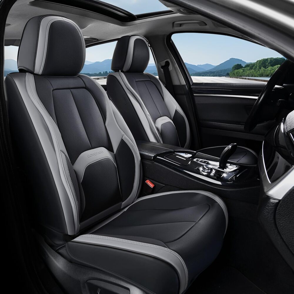 Coverado 2-Seat Front Driver Passenger Auto Seat Covers with Lumbar Support Premium Leather Seat Covers Protector for Cars Universal Fit