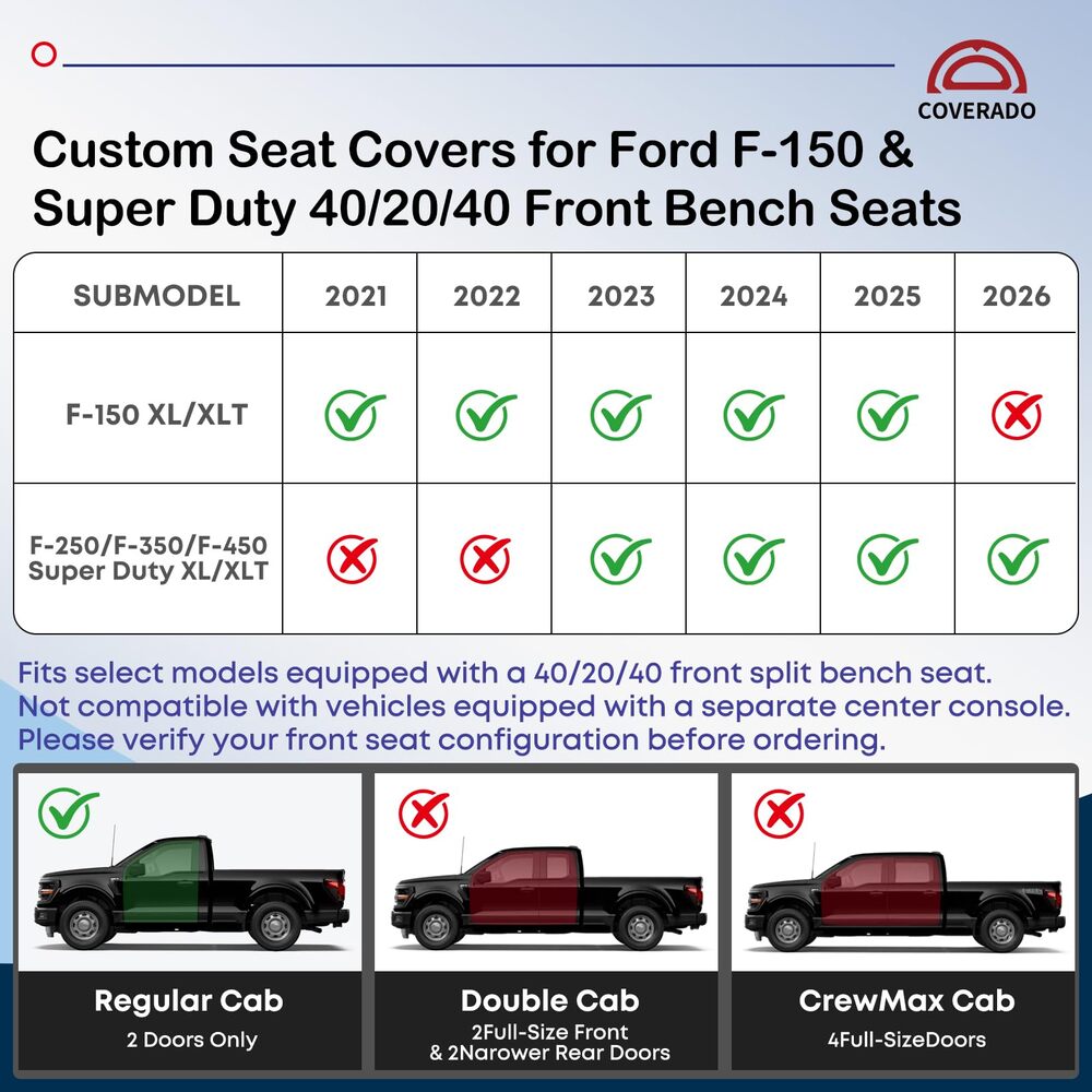 Ford F-150  2021-2025 XL XLT & 2023-2026 F250 F350 F450 SuperDuty XL/XLT Upgraded Full Coverage Premium Faux Leather Custom Car Seat Covers（with rear armrest) (Copy)