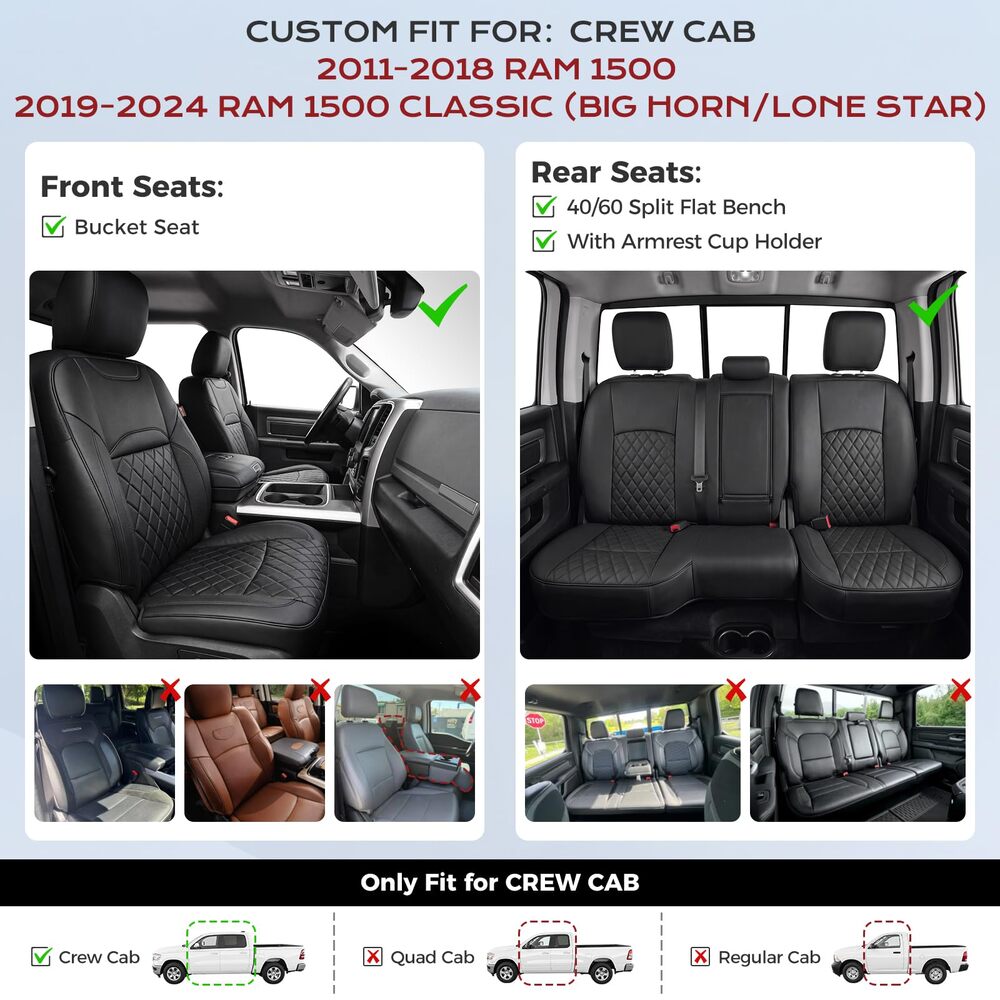 RAM 1500 2011-2018 Crew Cab & 2019-2024 Classic (Big Horn/Lone Star) Upgraded Full Coverage Premium Faux Leather Custom Car Seat Covers