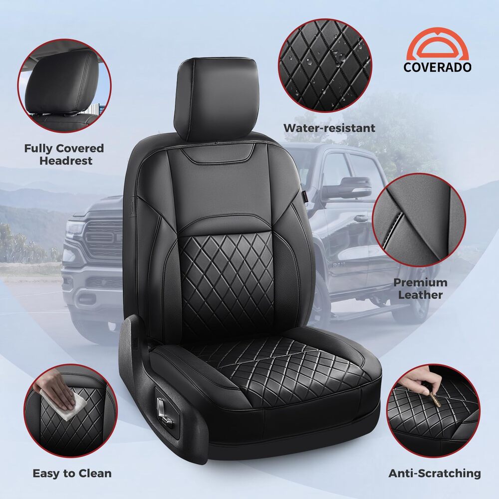 RAM 1500 2011-2018 Crew Cab & 2019-2024 Classic (Big Horn/Lone Star) Upgraded Full Coverage Premium Faux Leather Custom Car Seat Covers
