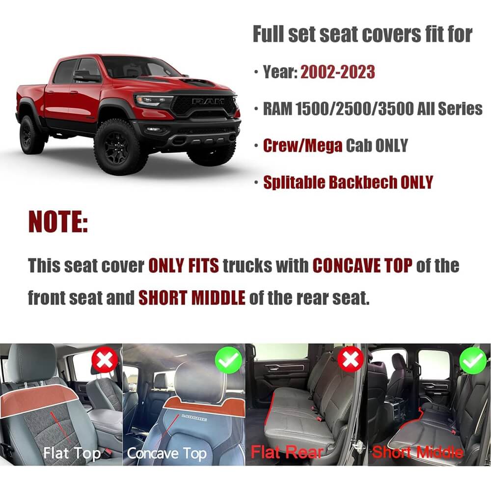 Truckiipa 2002-2023 Ram 1500 Car Seat Covers Full Coverage Leather Auto Seat Protector Fit 1500 2500 3500 Crew Mega Cab Rebel Laramie Big Long Horn