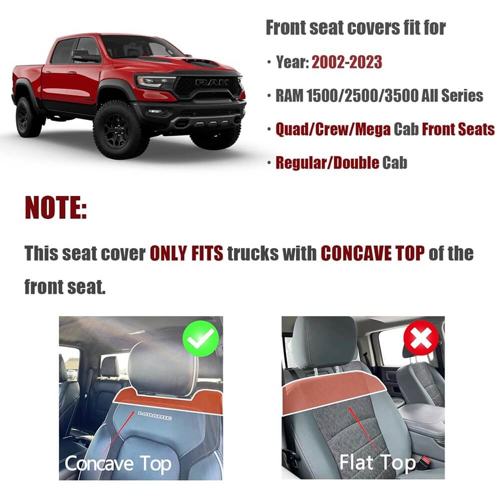 Truckiipa 2002-2023 Ram 1500 Car Seat Covers Full Coverage Leather Auto Seat Protector Fit 1500 2500 3500 Crew Mega Cab Rebel Laramie Big Long Horn