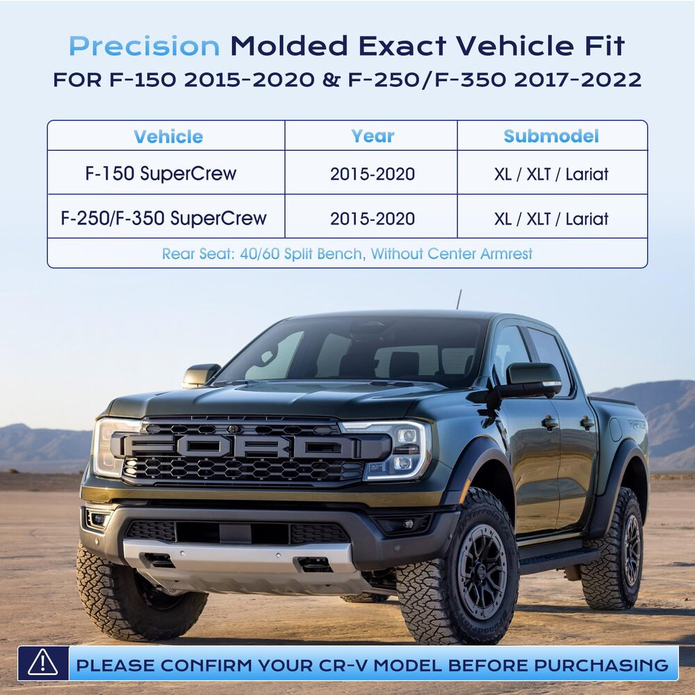 Ford F‑150 2015‑2020 XL XLT Lariat  & 2017‑2022 F250 F350 XL XLT Lariat SuperCrew, 40/60 Split Full Coverage Custom Car Seat Covers(no rear armrest)
