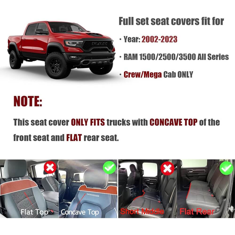 Truckiipa 2002-2023 Ram 1500 Car Seat Covers Full Coverage Leather Auto Seat Protector Fit 1500 2500 3500 Crew Mega Cab Rebel Laramie Big Long Horn