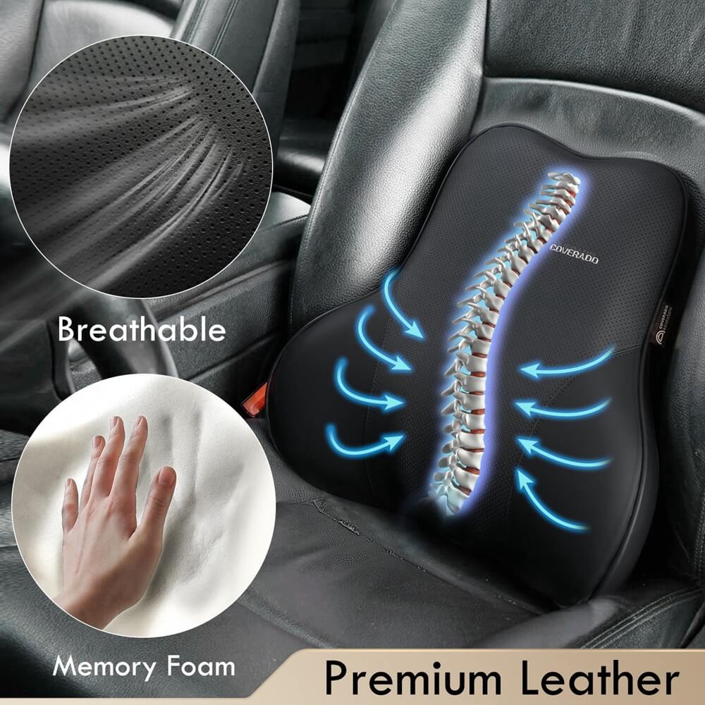 Coverado Leather Lumbar Support Pillow for Office Chair, Cars, Sofa with Detachable Memory Foam Back Support Pillow for Lower Back Pain