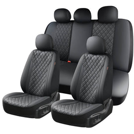 Coverado 5 Seats Full Set PVC Car Seat Covers Front and Back Faux Leather &Fabric Auto Seat Protector Universal Fit