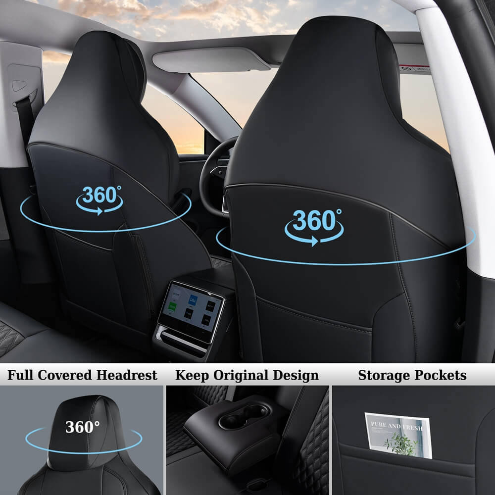 Coverado Custom Fit 2024 Tesla Model 3 Car Seat Covers Premium Leather Front and Back Auto Seat Protectors