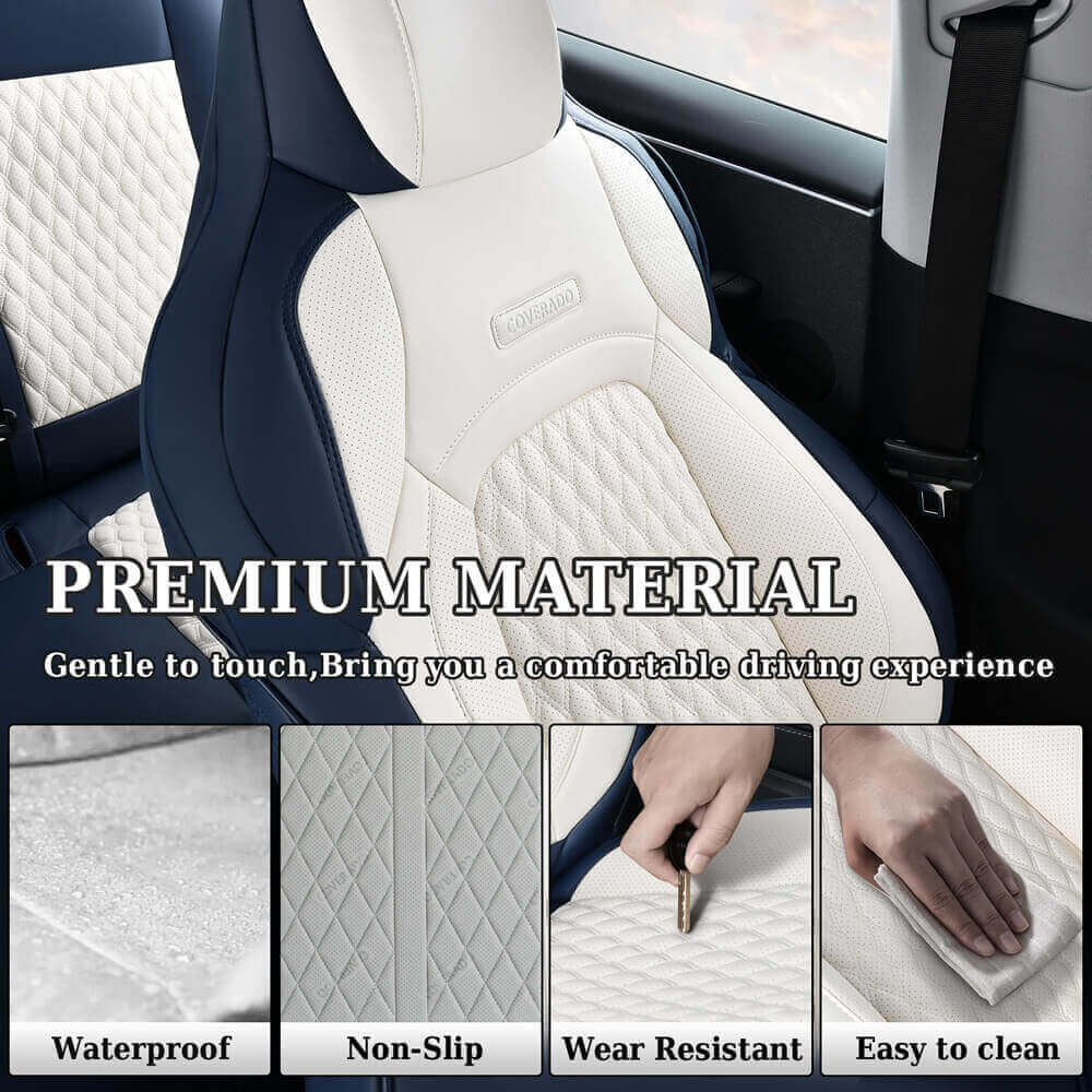 Coverado Custom Fit 2024 Tesla Model 3 Car Seat Covers Premium Leather Front and Back Auto Seat Protectors