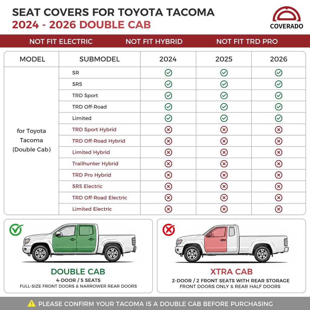 Toyota Tacoma 2024–2026 Upgraded Full Coverage Premium Faux Leather Custom Car Seat Covers