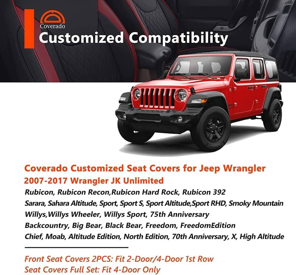 Coverado Seat Covers for 2007-2017 Jeep Wrangler JK JL 2-Door/4-Door Faux Leather Custom Fit
