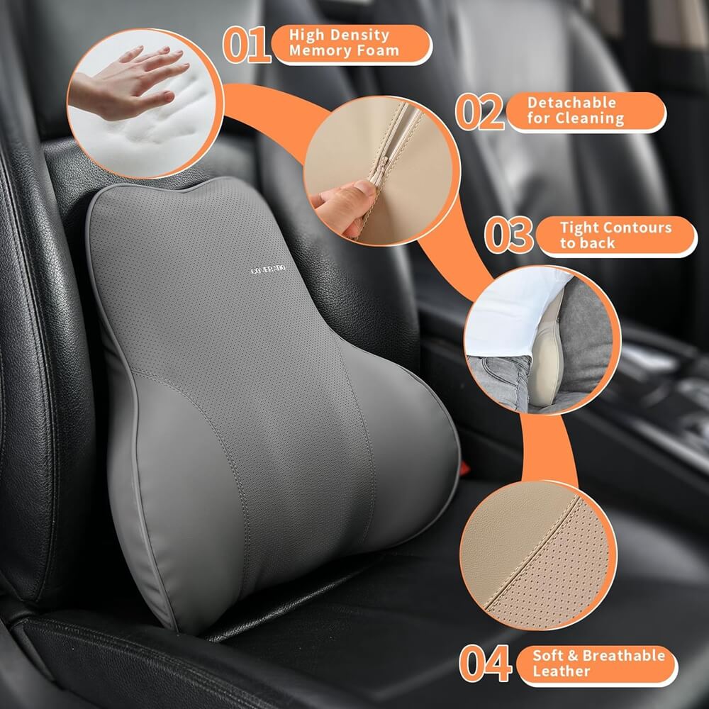 Coverado Leather Lumbar Support Pillow for Car Seat Driving Back Pain with Detachable Memory Foam