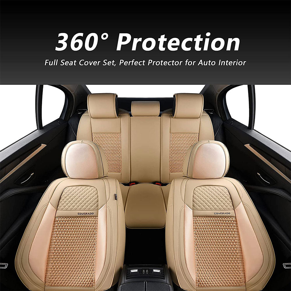 Coverado Seat Cover Full Set Breathable Universal Fit Faux Leather & Woven  Fabric