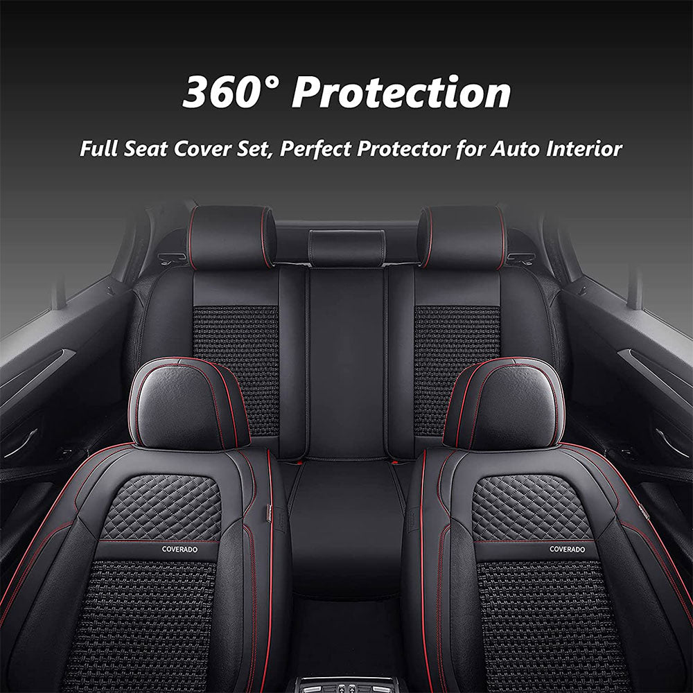 Coverado Seat Cover Full Set Breathable Universal Fit Faux Leather & Woven  Fabric