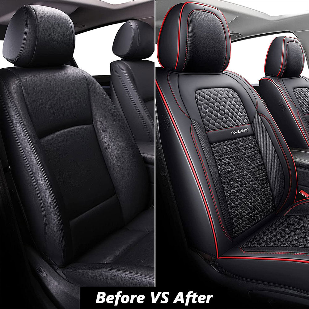 Coverado Front and Back Seat Covers Full Set 5 Seats Faux Leather & Woven  Fabric Breathable Universal Fit